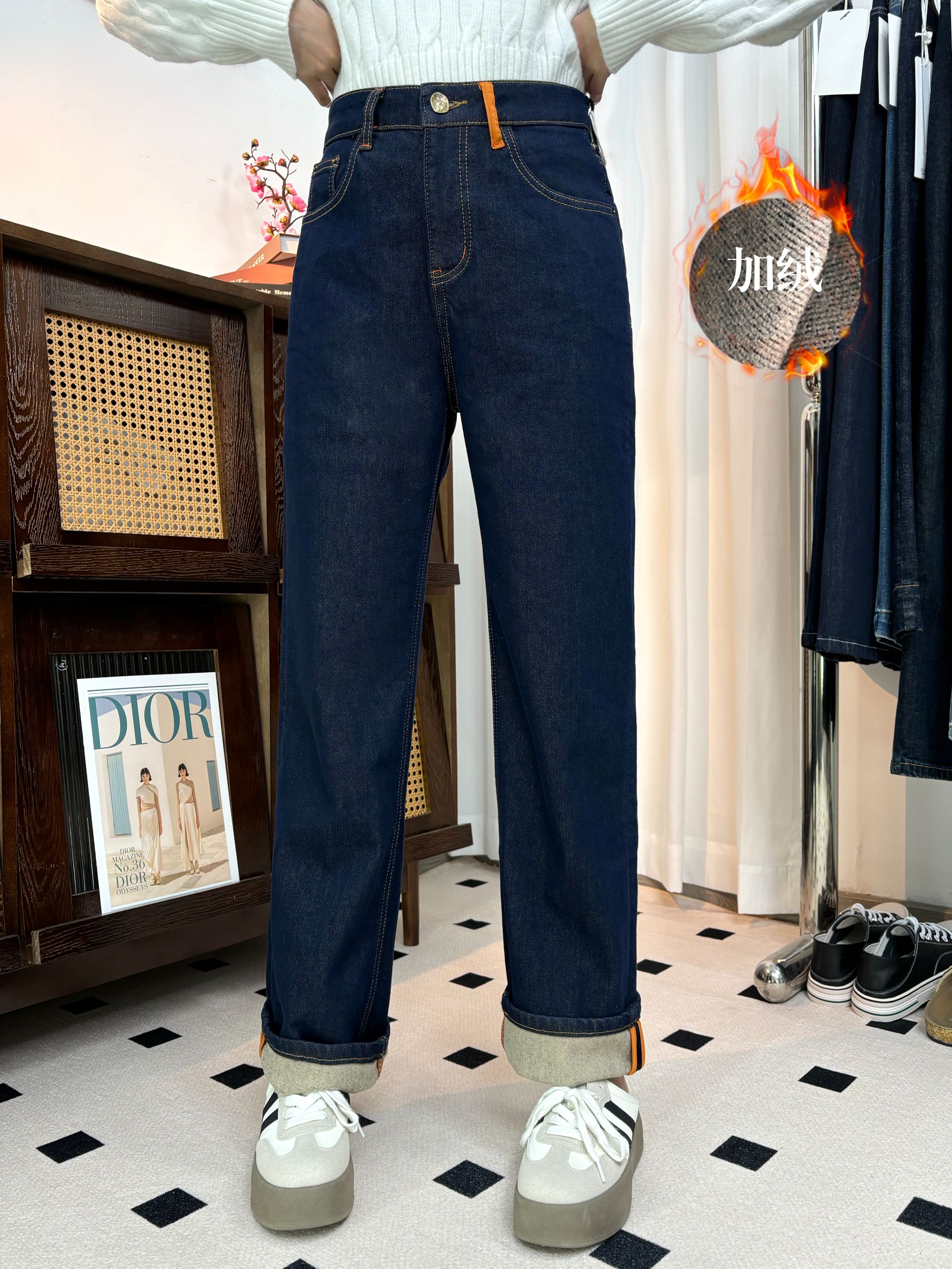 SU【769】62花 愫心 MWMA加植绒橙标丹宁色窄版直筒牛仔裤~