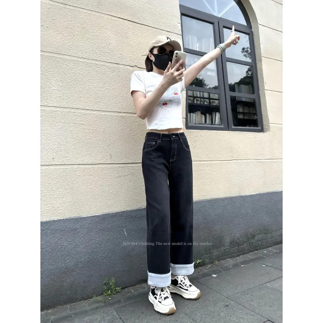 SU【532】96代素素MWMA百搭潮裤挽边早秋九分窄版阔腿四面弹牛仔裤~