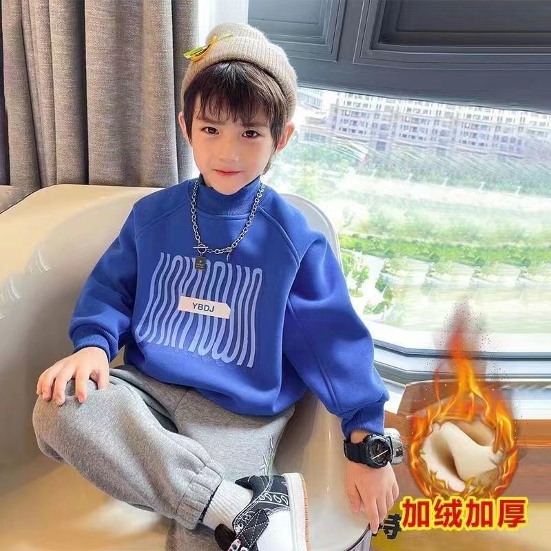 男童加绒卫衣2023新款冬季男孩一体绒休闲半高领中大童韩版打底衫