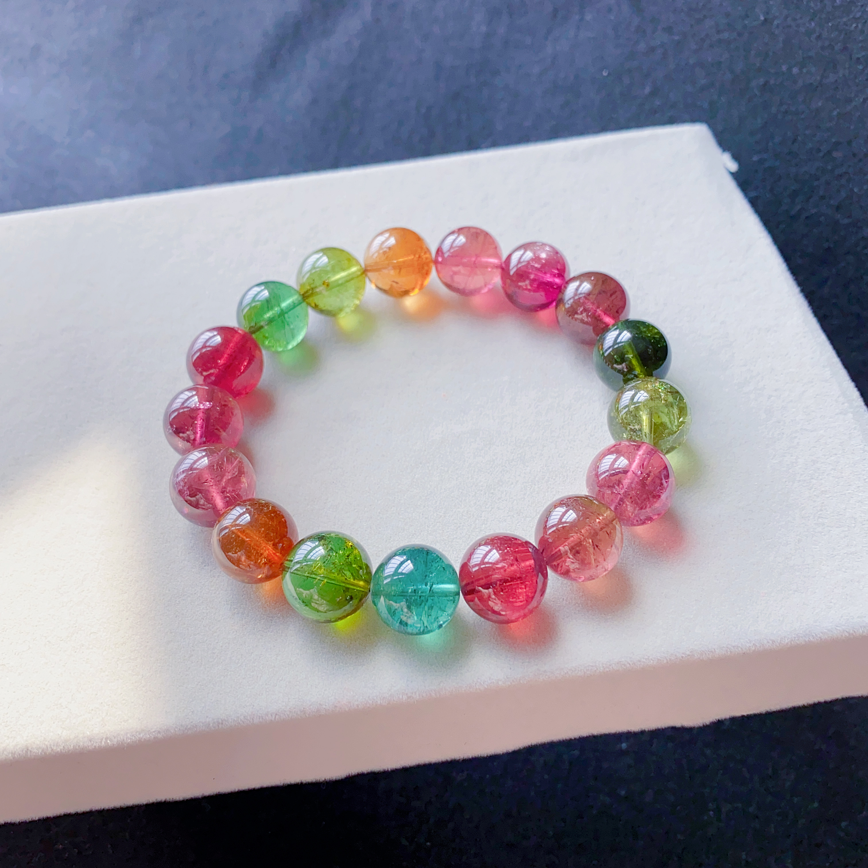 天然巴西荧光色马卡龙彩虹碧玺手链 颜色漂亮明艳清新 大颗粒女款