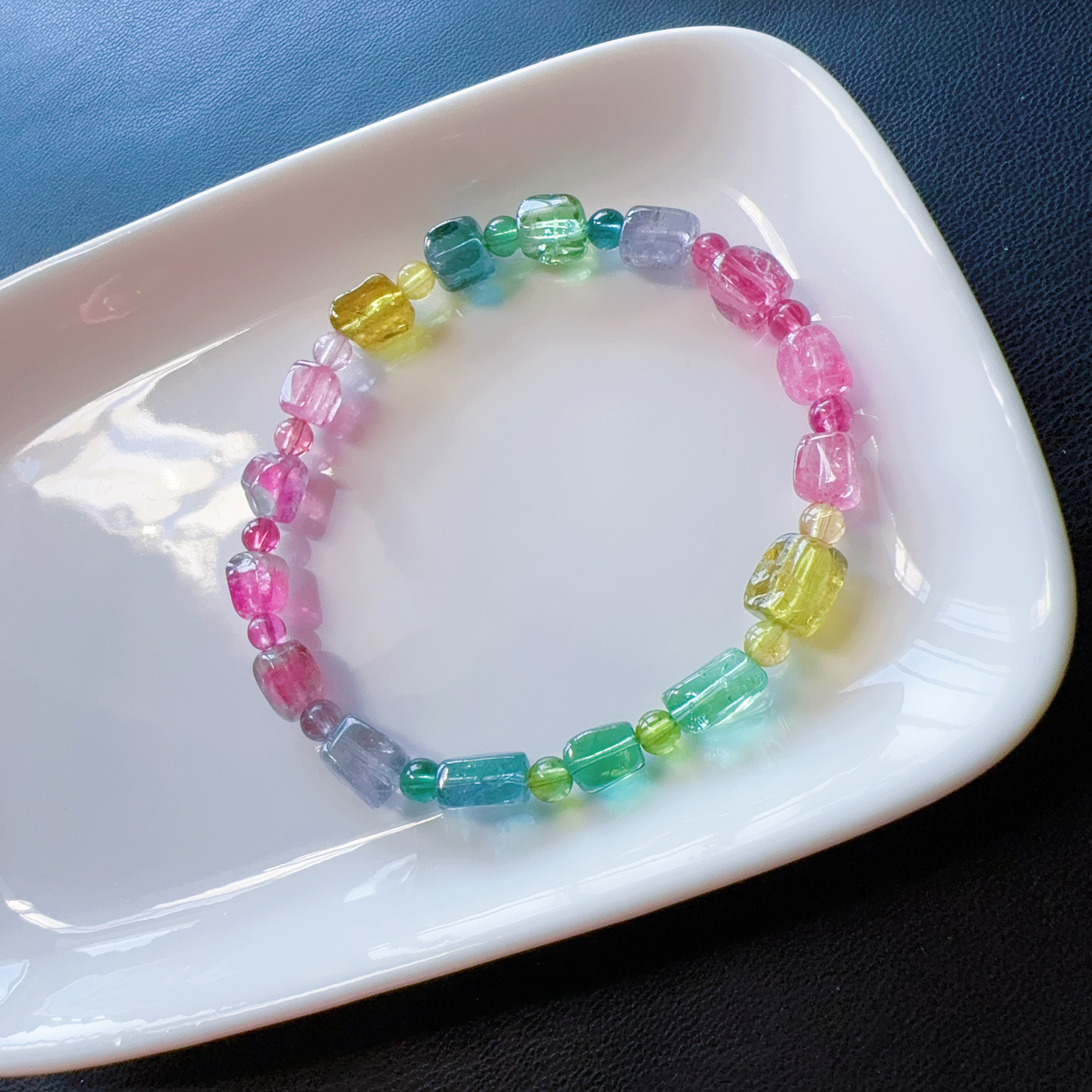 上新～纯天然彩虹碧玺小方糖手链