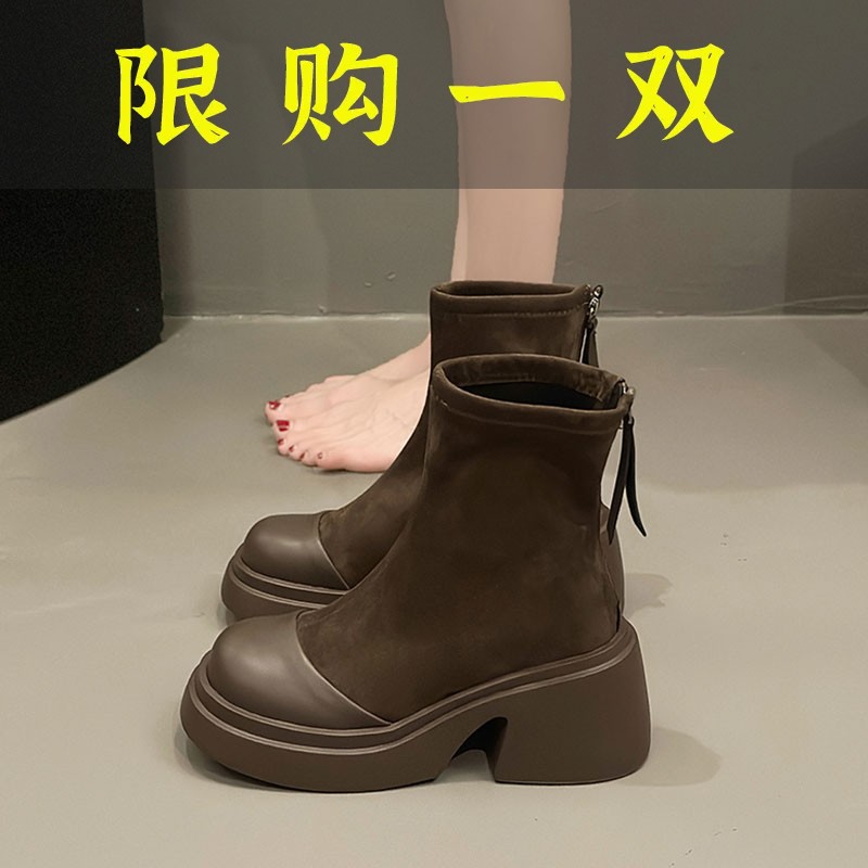 红蜻蜓牌韩版小个子增高粗跟短靴女2023秋季新款时尚后拉链绒面