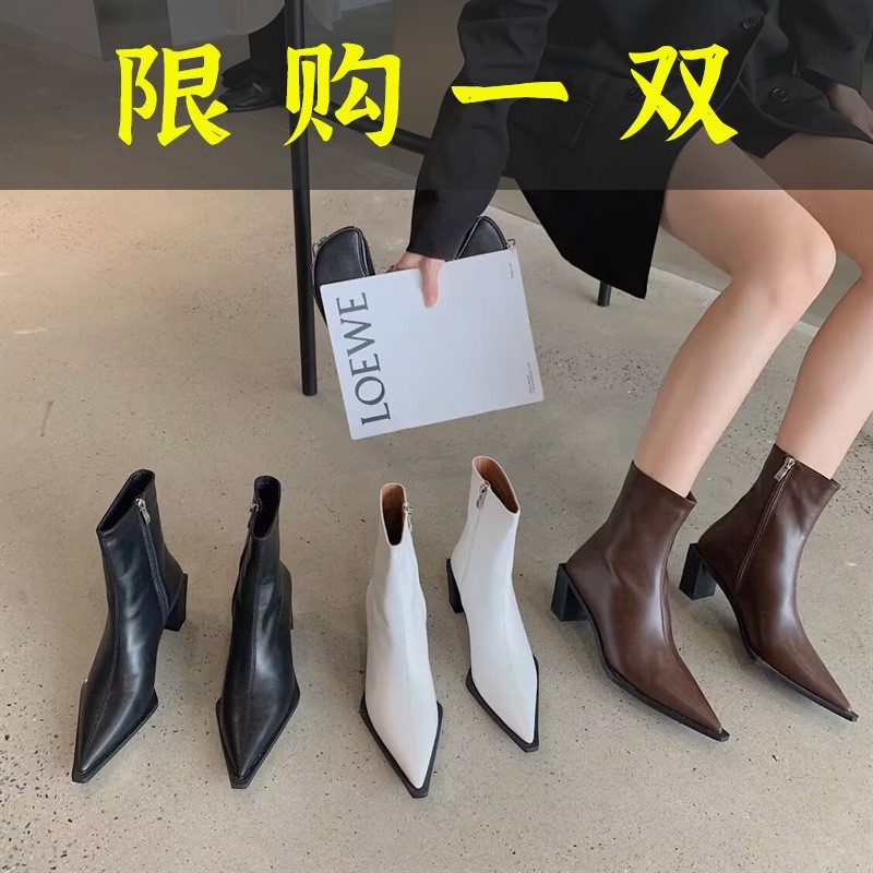 红蜻蜓牌2023年秋冬新款时装靴小个子尖头细跟瘦瘦靴韩版粗跟高