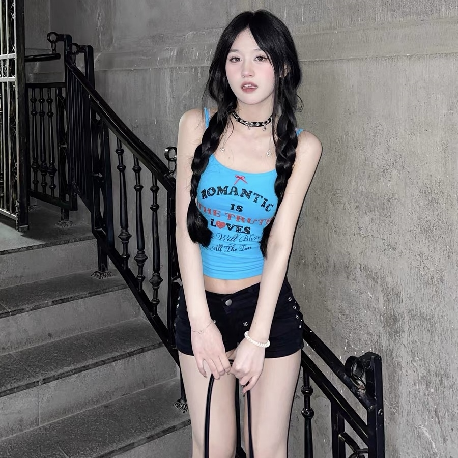 美式复古甜辣妹字母印花吊带背心女夏季修身显瘦性感纯欲无袖上衣