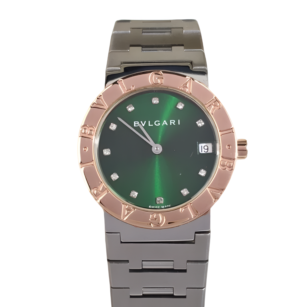 99新 BVLGARI/宝格丽 绿盘玫瑰金日历窗后盘石英33盘jy