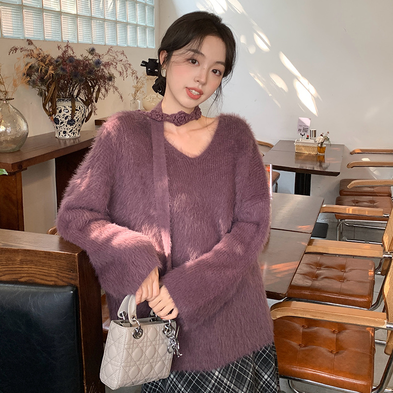 秀秋冬新款领挂脖加厚仿貂毛针织衫女毛衣女