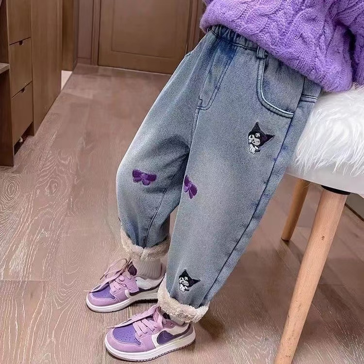 库洛米女童加厚一体绒牛仔裤冬装休闲时髦加绒中小童裤子一条过冬
