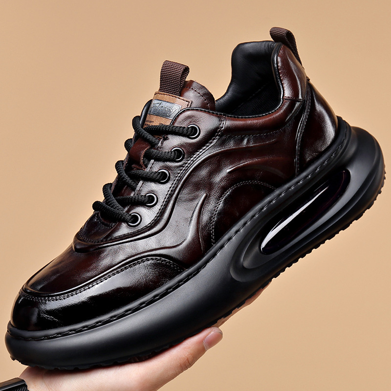 真皮男士气垫底轻便运动皮鞋透气潮流厚底百搭潮鞋休闲鞋鞋子牛皮