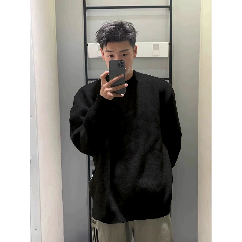 cleanfit美式高街毛衣男慵懒风高级感纯黑色针织衫圆领内搭打底衫