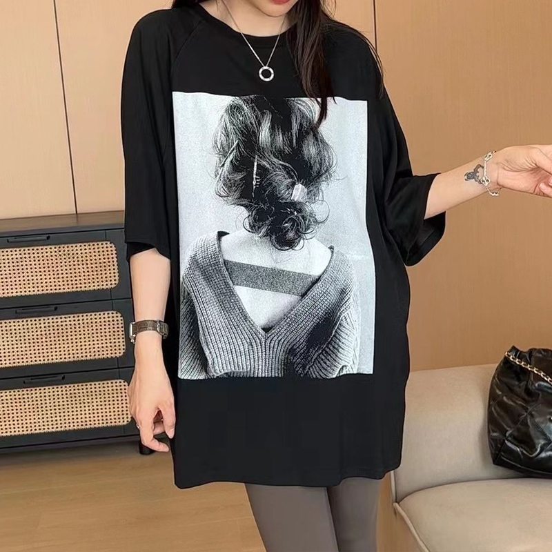 2024夏季慵懒风上衣时尚百搭宽松韩版美女图印花休闲圆领短袖T恤