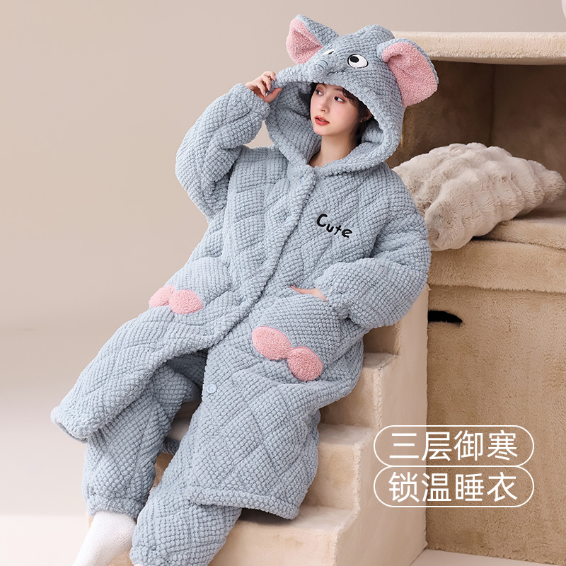 玫瑰绒睡袍女冬季开衫连帽家居服2024年新款加绒加厚三层夹棉套装