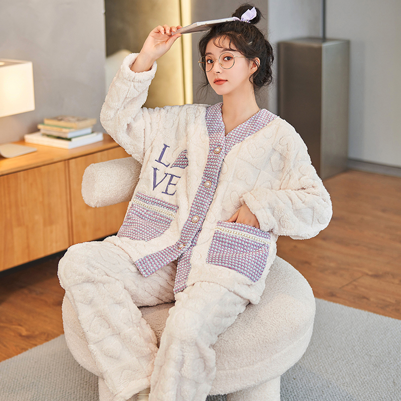 【开衫】秋冬季慕斯暖绒家居服简约长袖舒适保暖睡衣可外穿女加厚