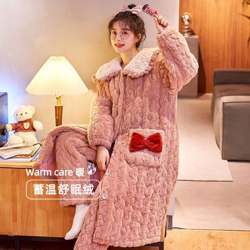 冬季雪花绒睡袍女新款加绒加厚休闲开衫家居服三层夹棉保暖套装