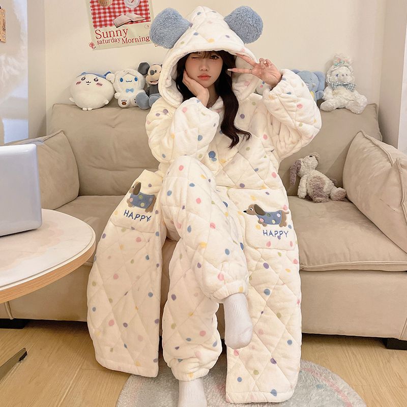 睡袍女秋冬季三层夹棉加绒加厚可爱卡通连帽睡衣家居服可外穿套装