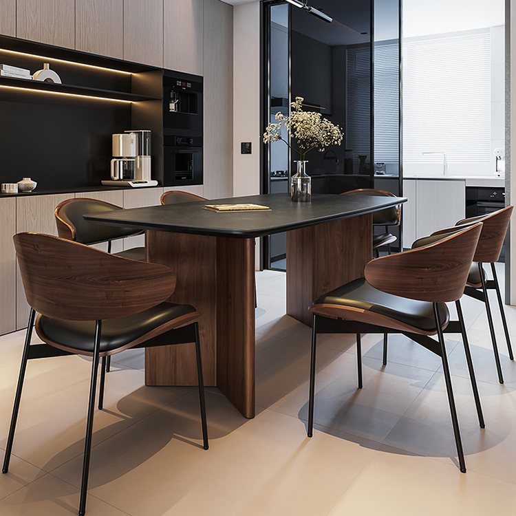 复古风黑胡桃色实木餐桌椅组合侘寂风长方形小户型岩板中古风餐桌