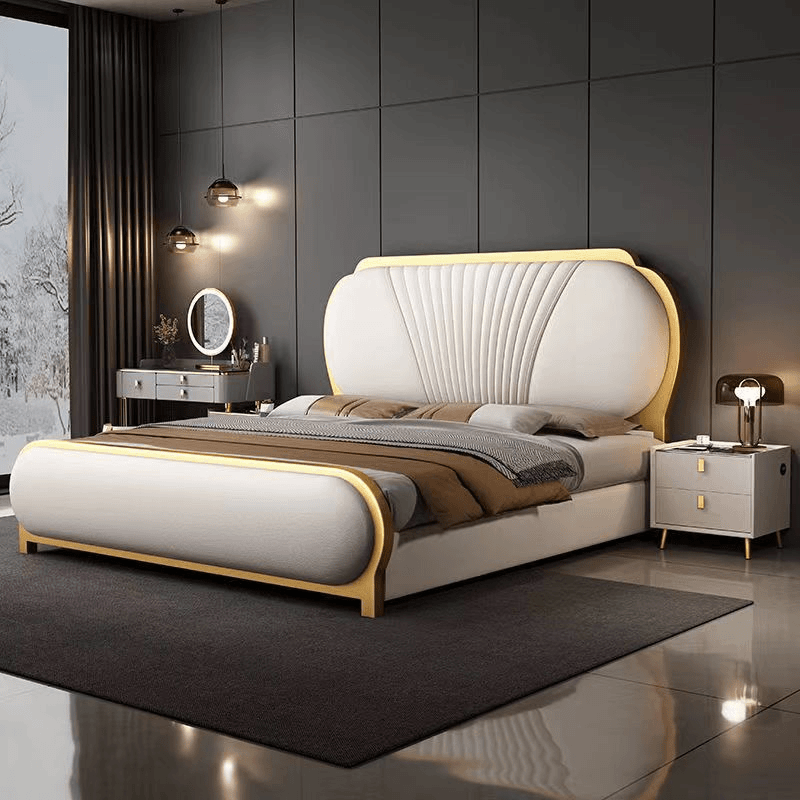 意式真皮轻奢现代简约双人床主卧大床婚床1.8软包床公主床#609-1