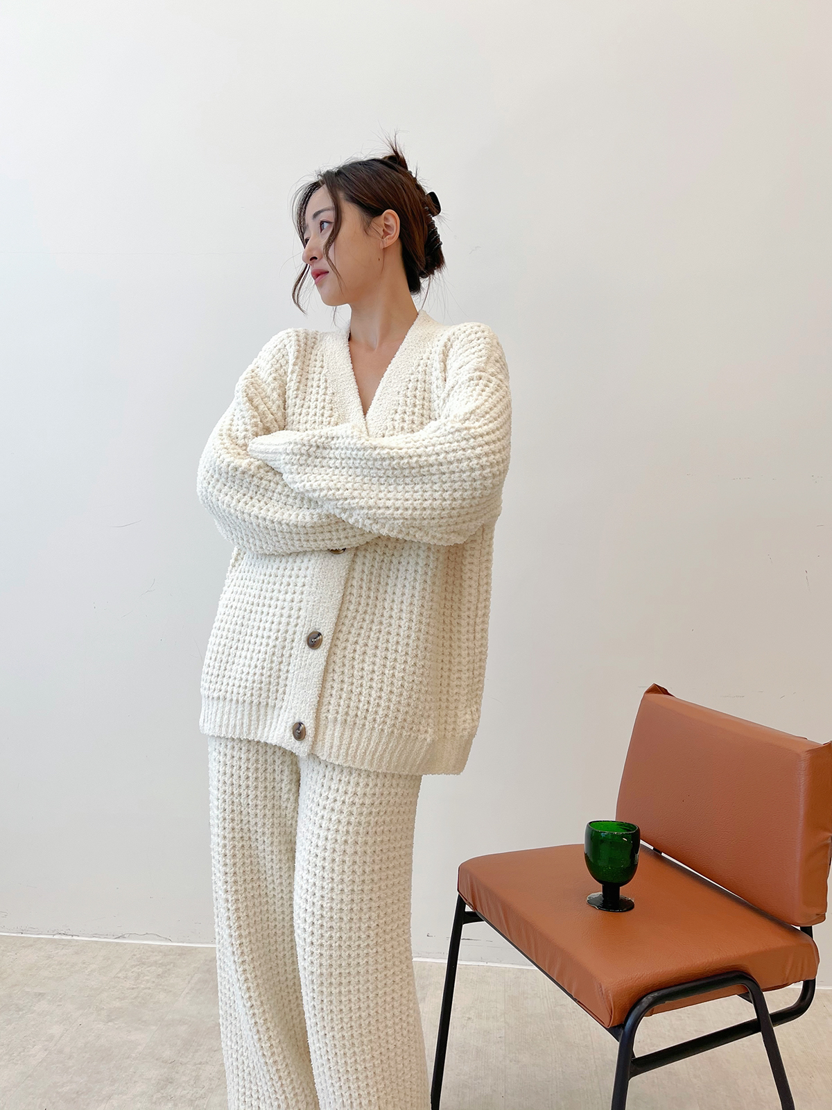 double oo睡衣秋冬华夫格半边绒保暖纽扣开衫式加厚家居服套装v领