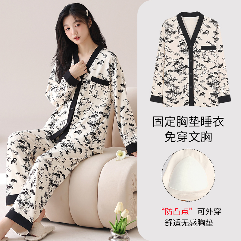 新款和服棉质女士睡衣套装休闲简约可外穿家居服带胸垫Y1810