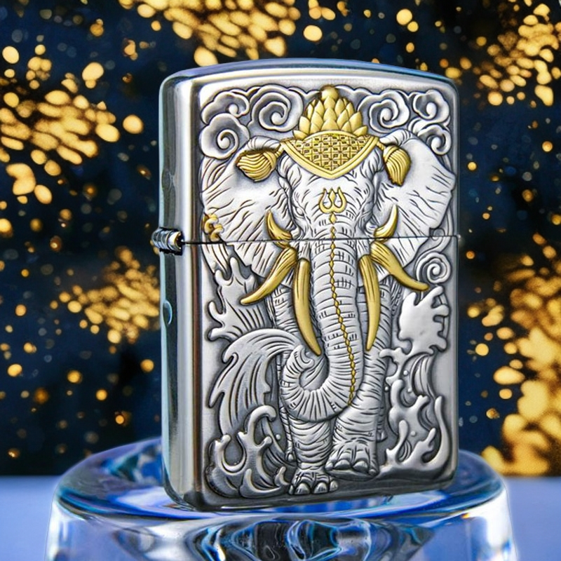 ZIPPO/之宝打火机正版镀银鎏金六牙象盔甲机浮雕送礼收藏XBL-DYJ1