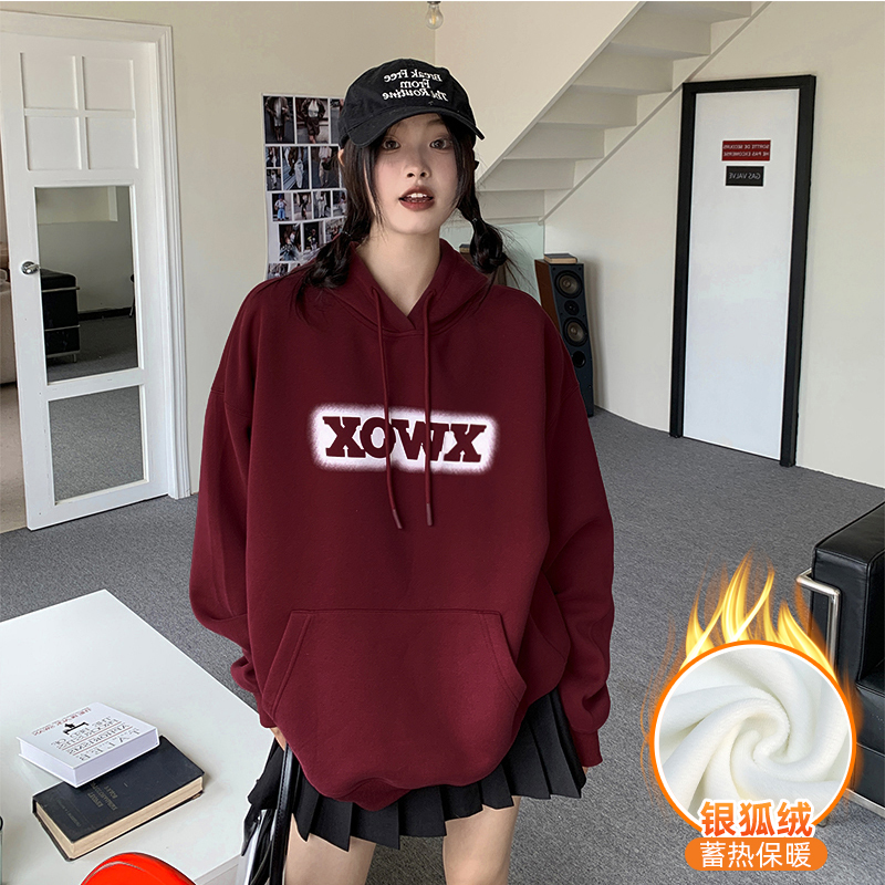 加绒新款卫衣女秋冬韩版宽松休闲慵懒风小众大码设计感连帽衫上衣