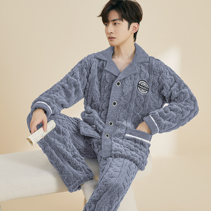 睡衣男秋冬季加厚加绒长袖保暖珊瑚绒法兰绒家居服秋冬款大码套装