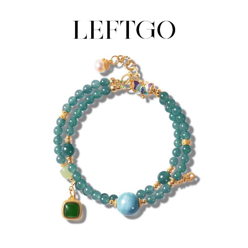 LEFTGO左戈天然危地马拉蓝水翡翠双圈手链银镀金5mm多样性发一件