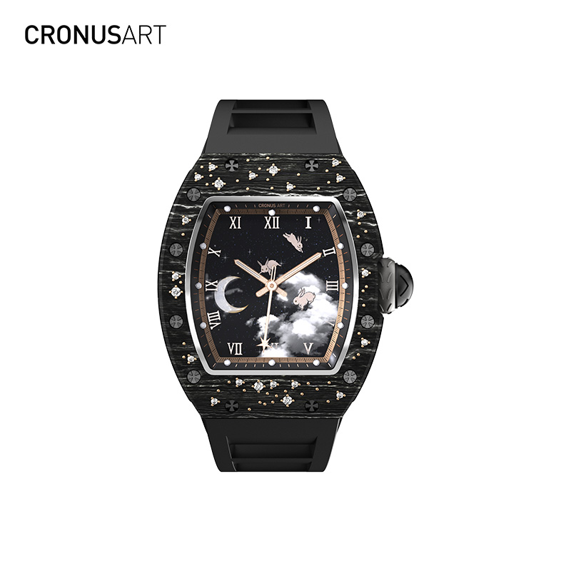 CronusArt克洛斯月兔蓝宝石机械腕表K金镶钻碳纤维时尚名表夜光