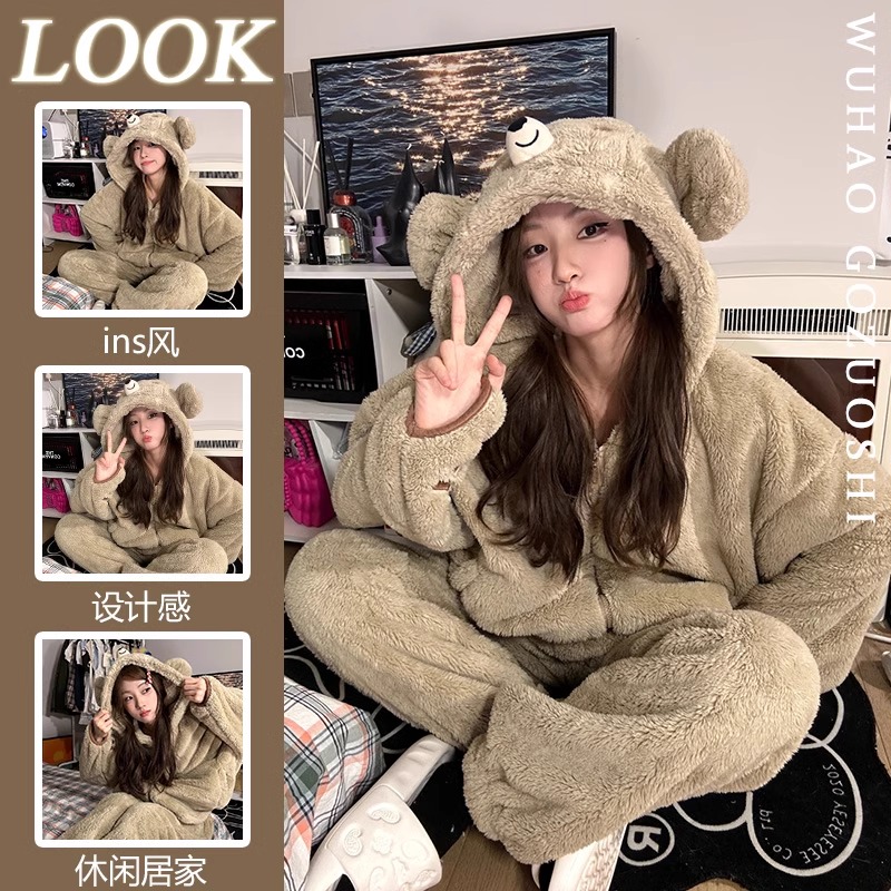 卡通小熊连帽保暖珊瑚绒睡衣女冬季加厚加绒2025新款长裤居家套装