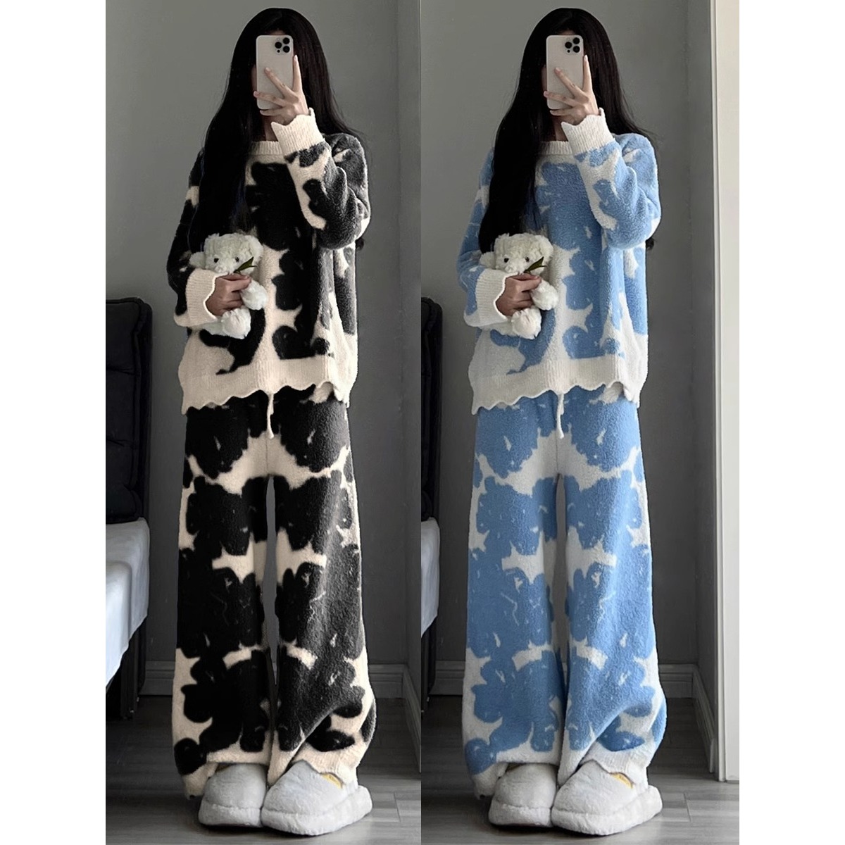 拼色毛绒针织睡衣女冬季新款加绒加厚半边绒家居服大码套装可外穿
