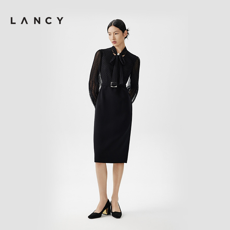 LANCY/朗姿【susie专享】假日风春季黑色法式飘带网纱长袖连衣裙