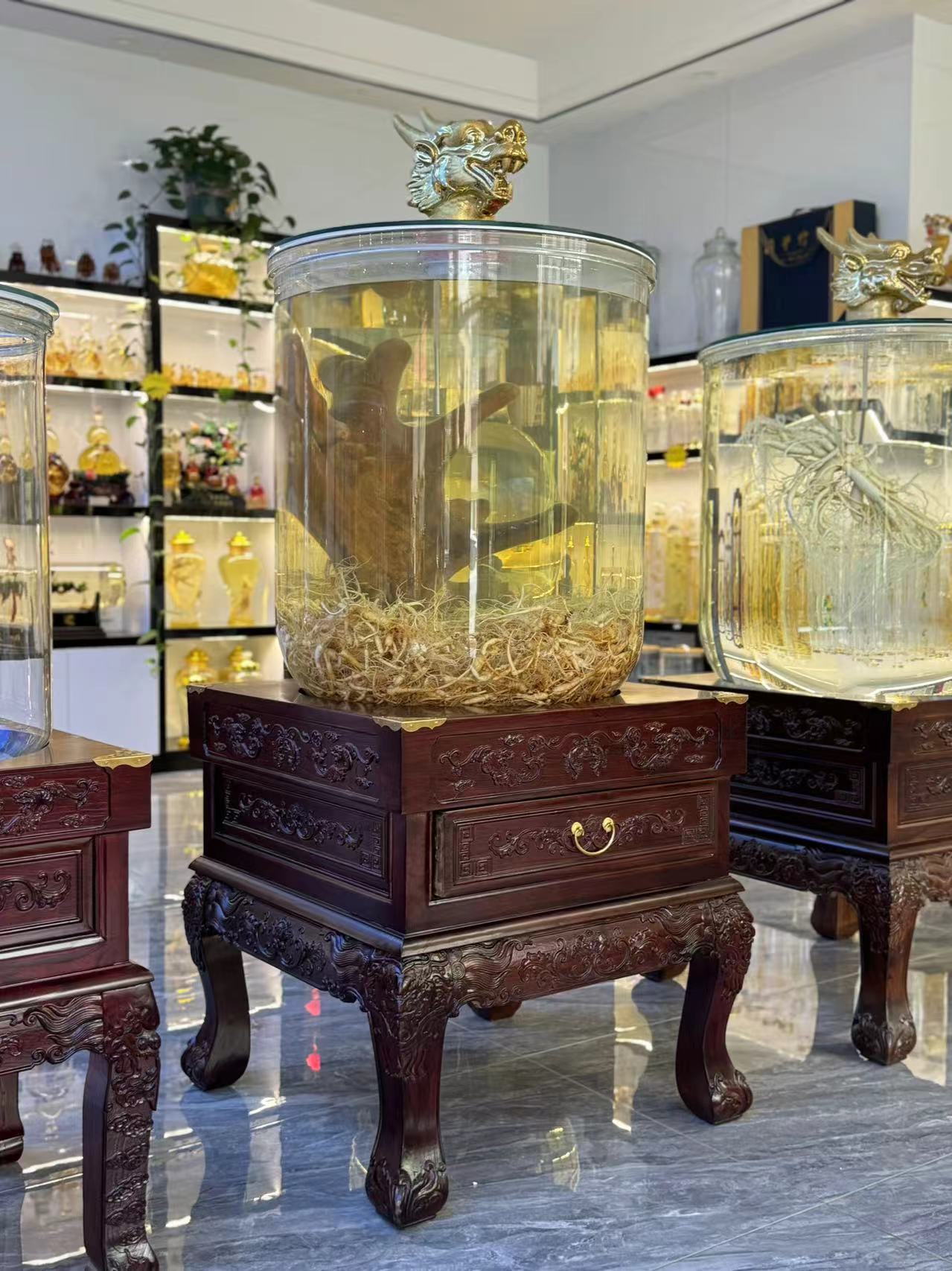 400斤大缸泡酒容器高硼硅玻璃材质纯实木老榆木家居摆件泡酒瓶