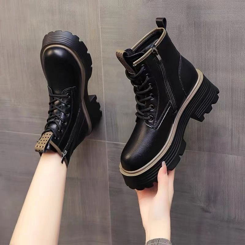 软皮厚底马丁增高2024秋冬新款瘦瘦英伦靴女短靴圆头爆款洋气靴子