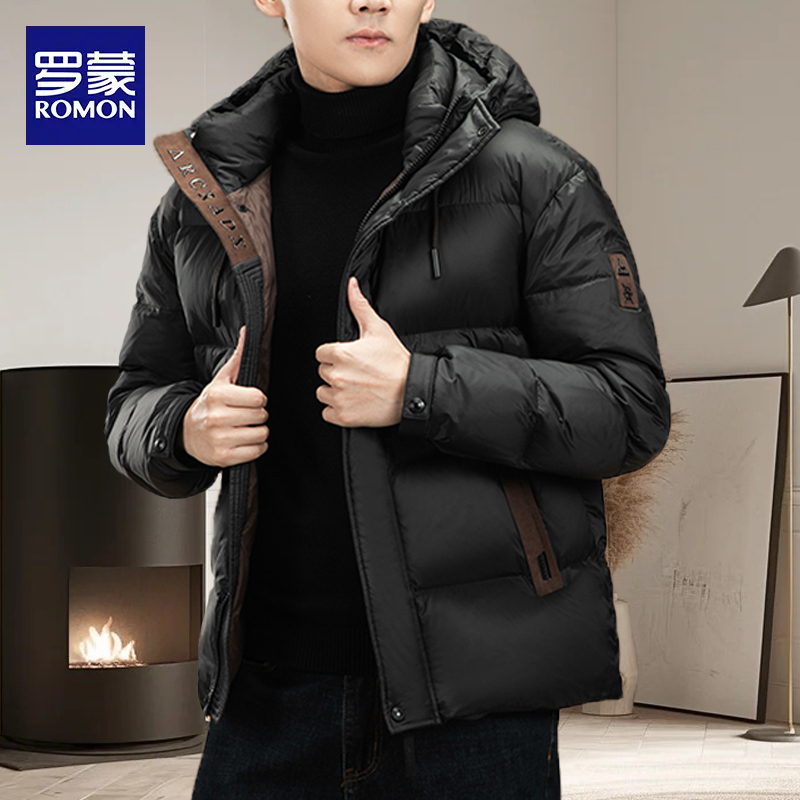 罗蒙黑色时尚连帽冬季羽绒服连帽宽松加厚保暖白鸭绒防寒潮外套男