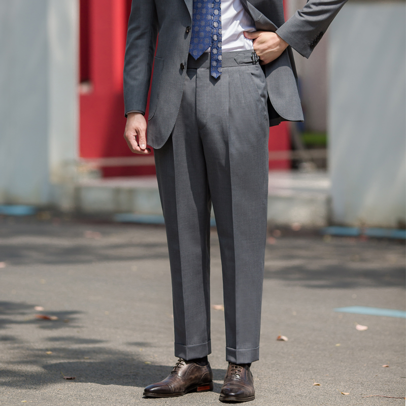 意式那不勒斯浅灰色羊毛西裤 双褶款中高腰 男士 四季商务休闲