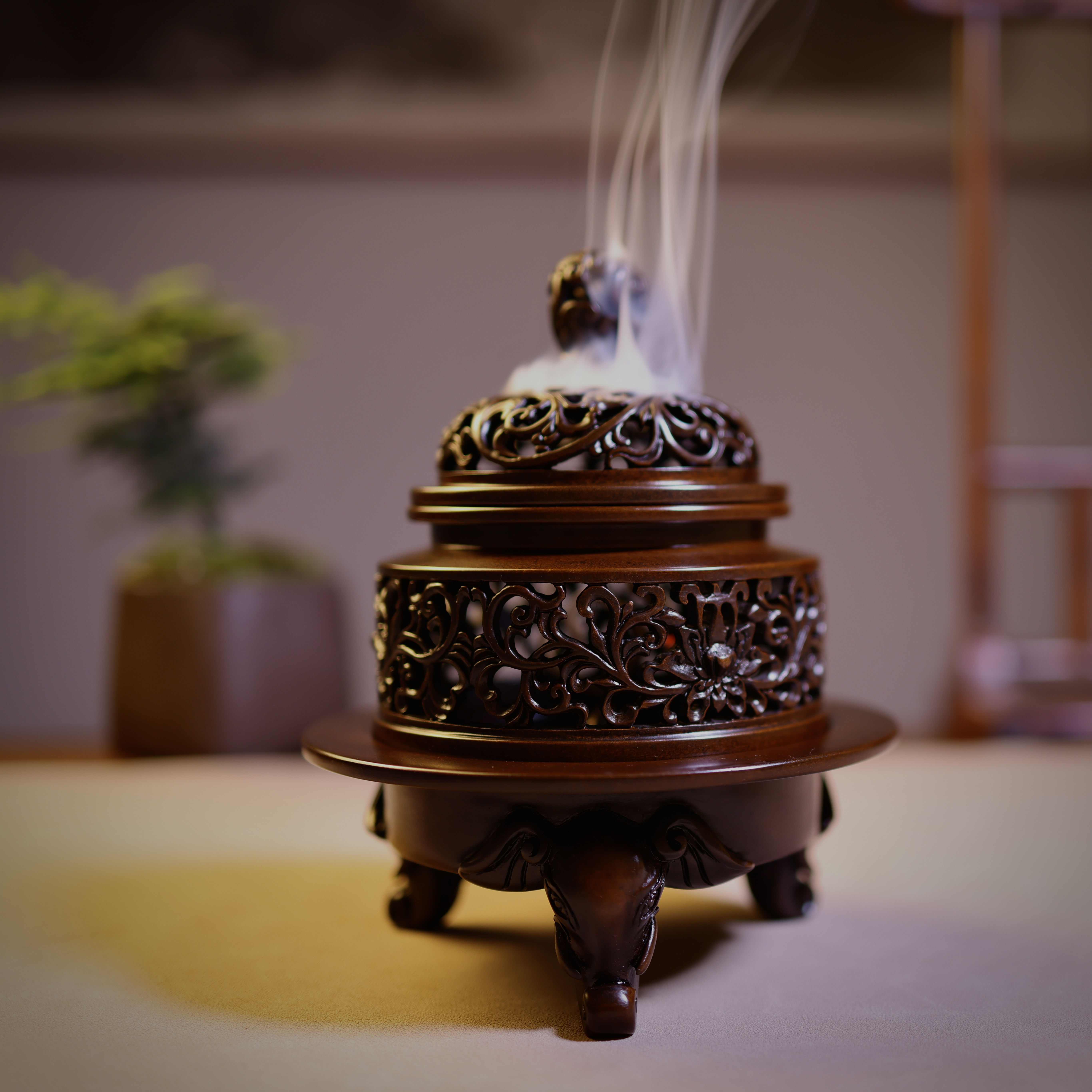 赵玉保手工铜香炉：象足缠枝莲纹熏炉仿古茶台文房雅器摆件熏香炉
