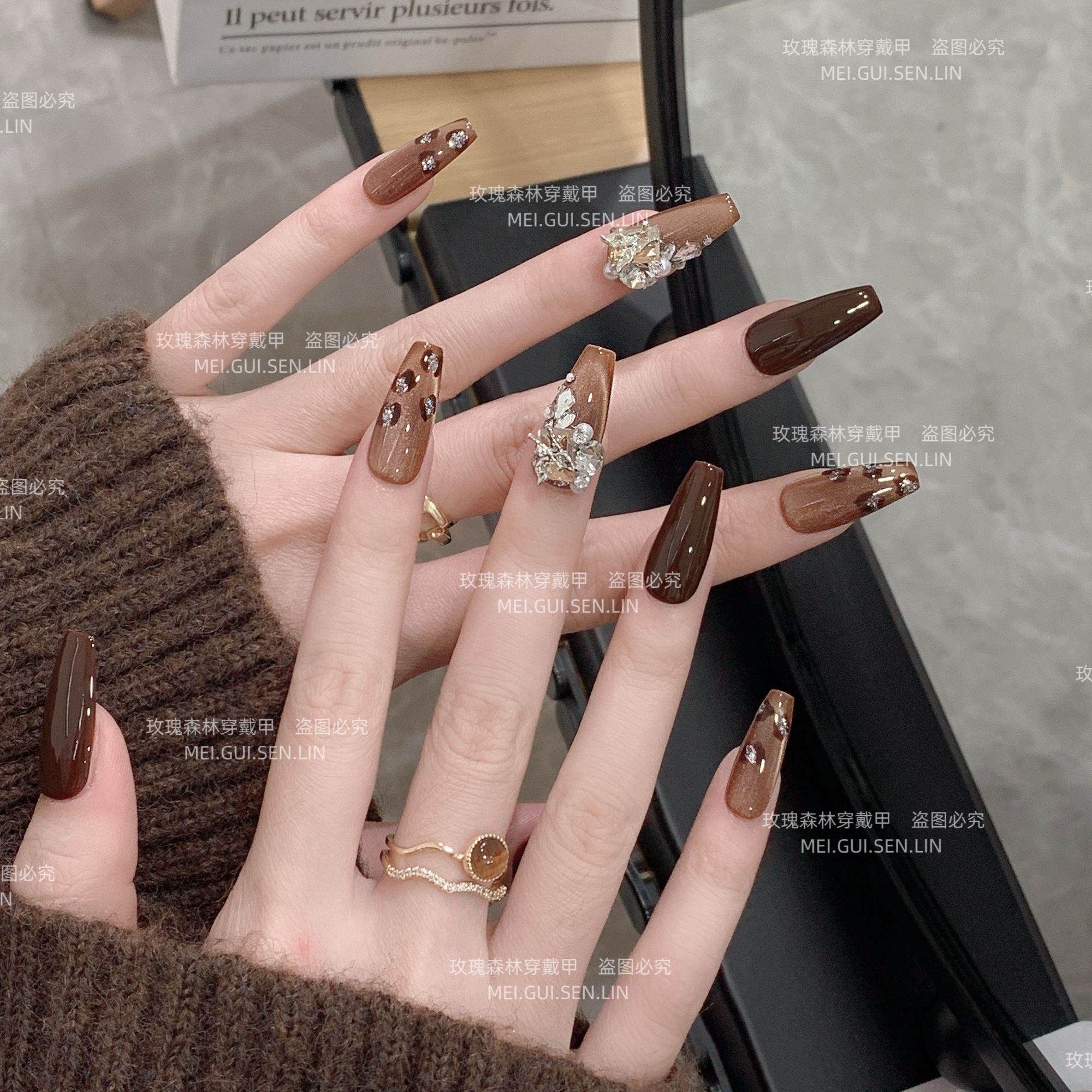 香橙美式~玫瑰森林棕色豹纹气质款纯手工穿戴甲