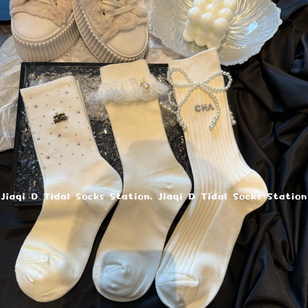 秋冬格雷系少女风时尚中筒袜甜美风钉珠碎钻舒适百搭潮袜