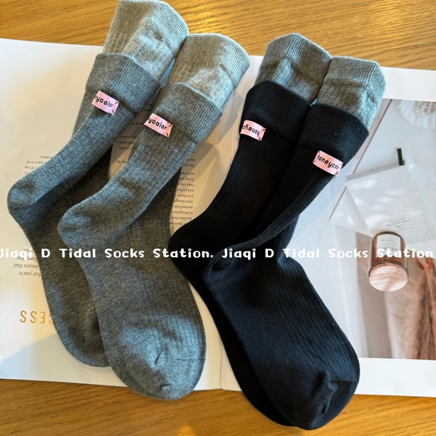 韩版双层拼色后跟布标中筒袜女网红爆款潮流百搭堆堆袜