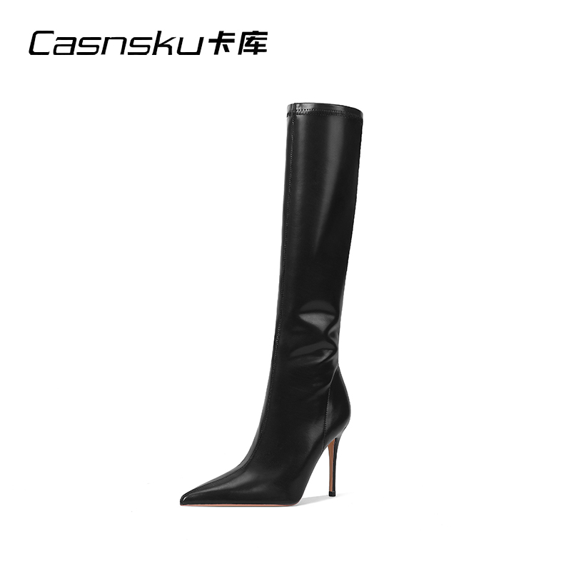 Casnsku卡库骑士靴2023女秋冬季百搭不过膝高筒靴尖头细跟长筒靴