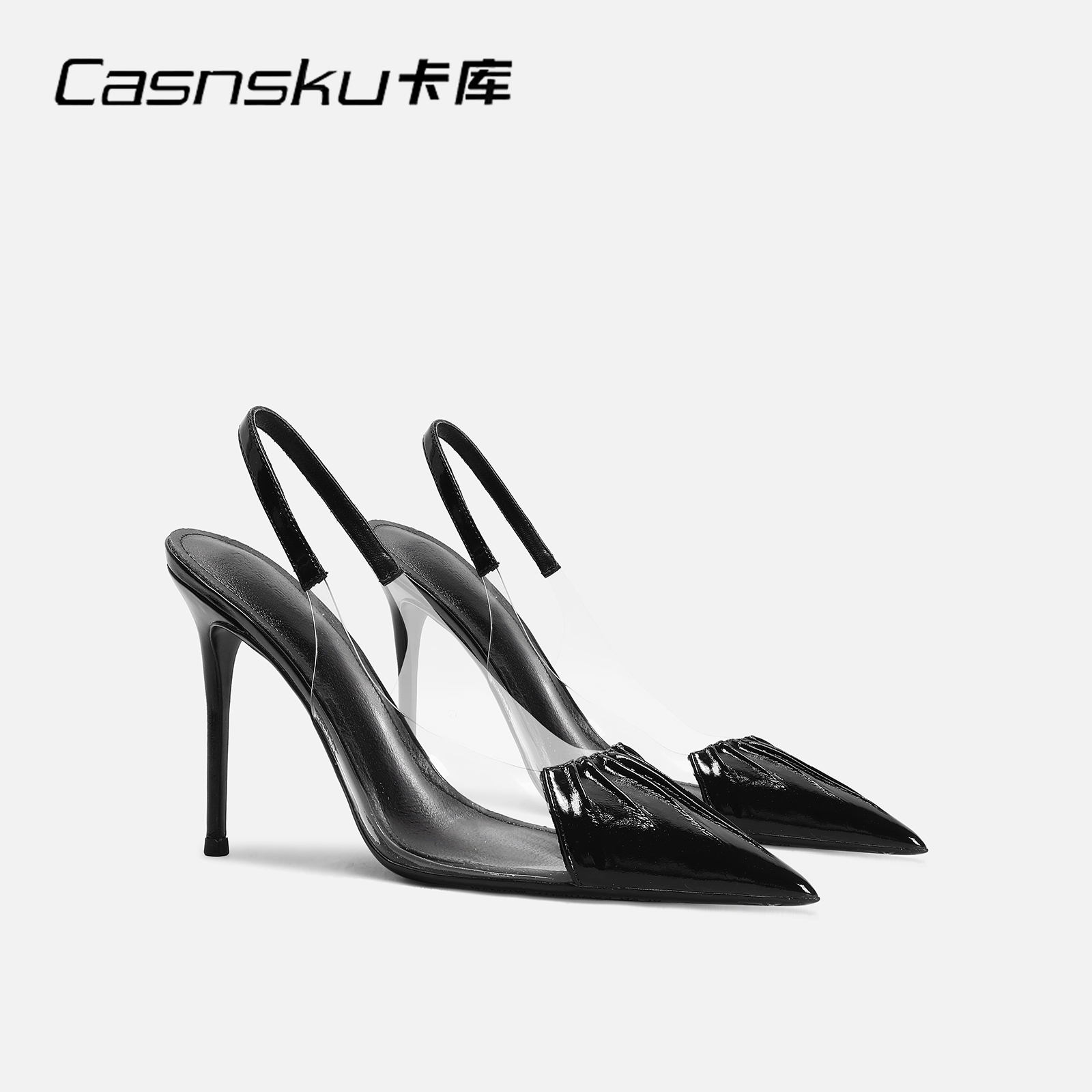 CASNSKU/卡库黑色漆皮尖头高跟鞋细跟一字带包头褶皱透明凉鞋后空