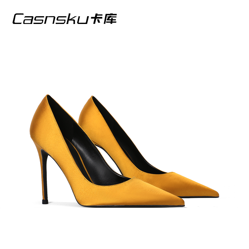 Casnsku/卡库黄色绸缎高跟鞋细跟设计感小众气质名媛2022秋季新款