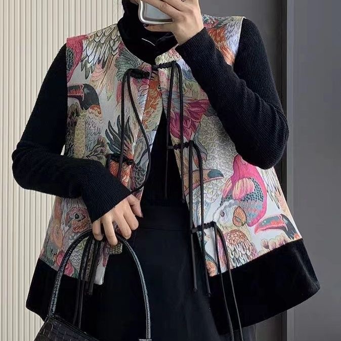 国风马夹纽扣四季通用女士休闲双面印花合集