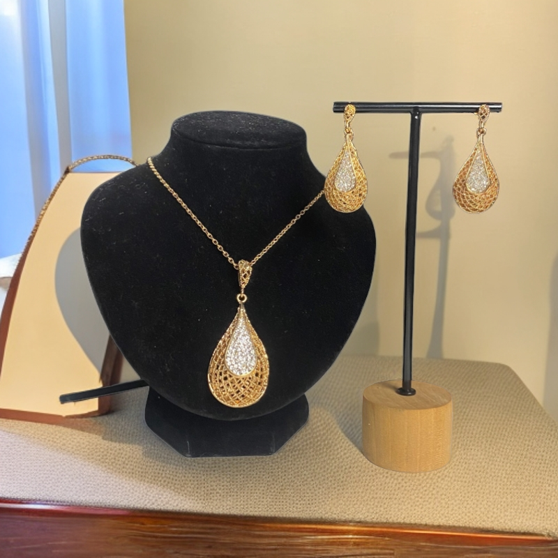 合金仿珍珠吊坠 水滴型锆石贝珠银色镶嵌高级感套装轻奢时尚金色