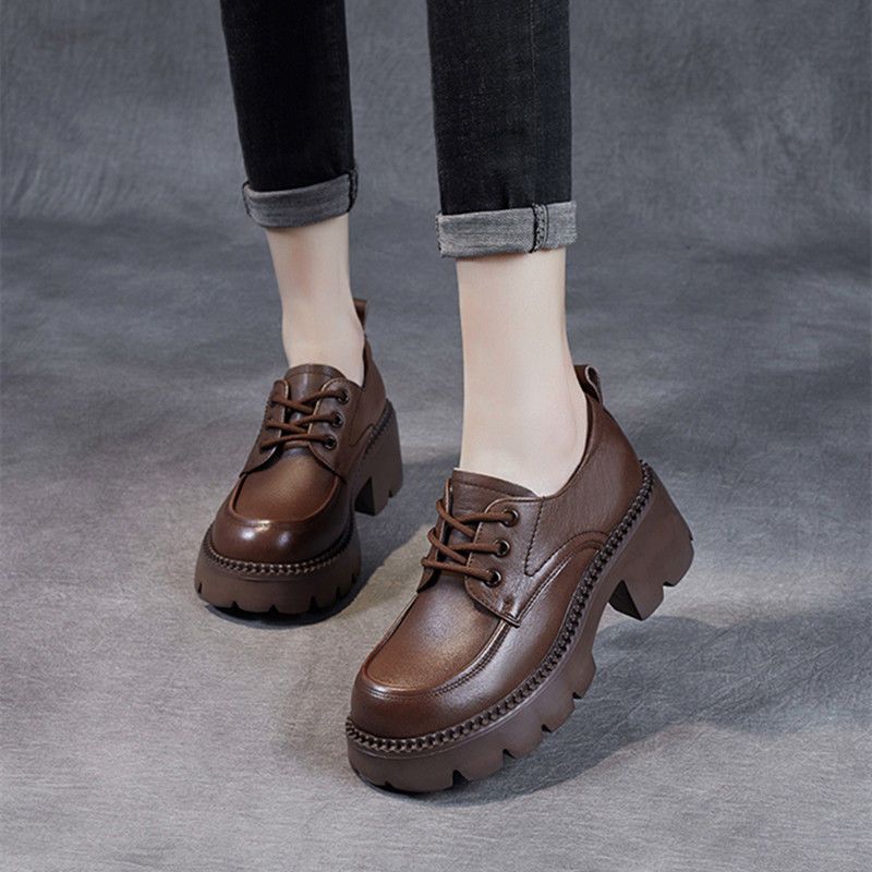 红蜻蜓牌真软皮英伦风小皮鞋2023秋冬款粗跟单鞋复古乐福鞋女单靴