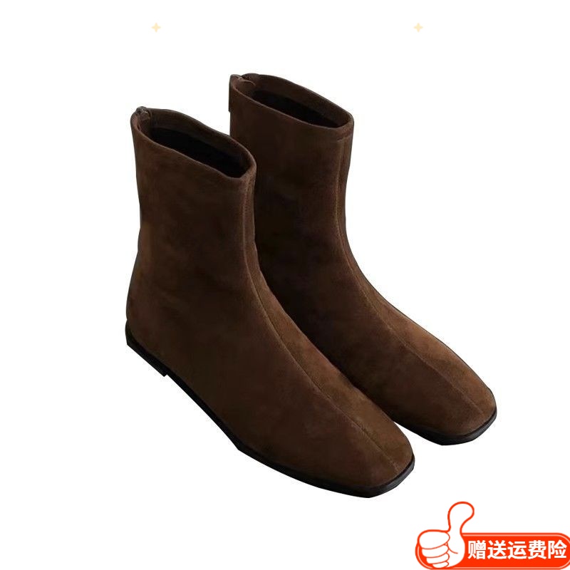 红蜻蜓牌美拉德秋冬新款小踝靴平底绒面短靴后拉链瘦瘦靴马丁靴女