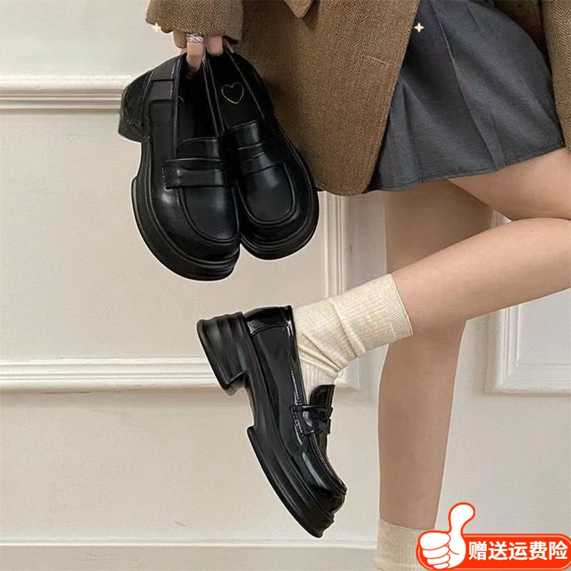 红蜻蜓牌英伦风乐福鞋粗跟小皮鞋女英伦2023新款冬季制服单鞋增高