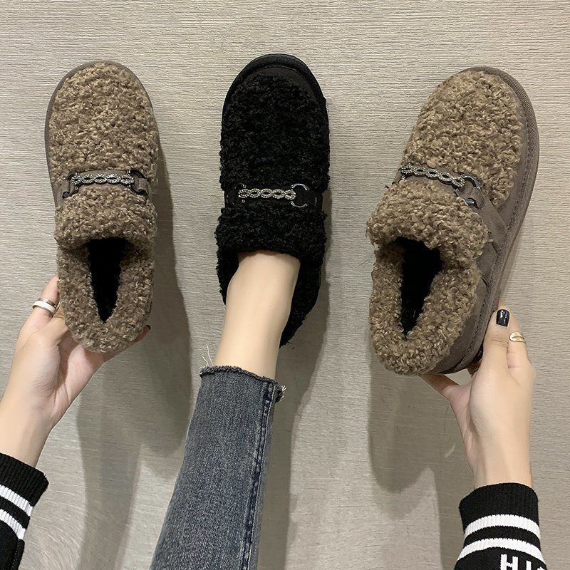 红蜻蜓牌加绒毛毛鞋女外穿厚底2023新款韩版豆豆鞋一脚蹬加绒棉鞋