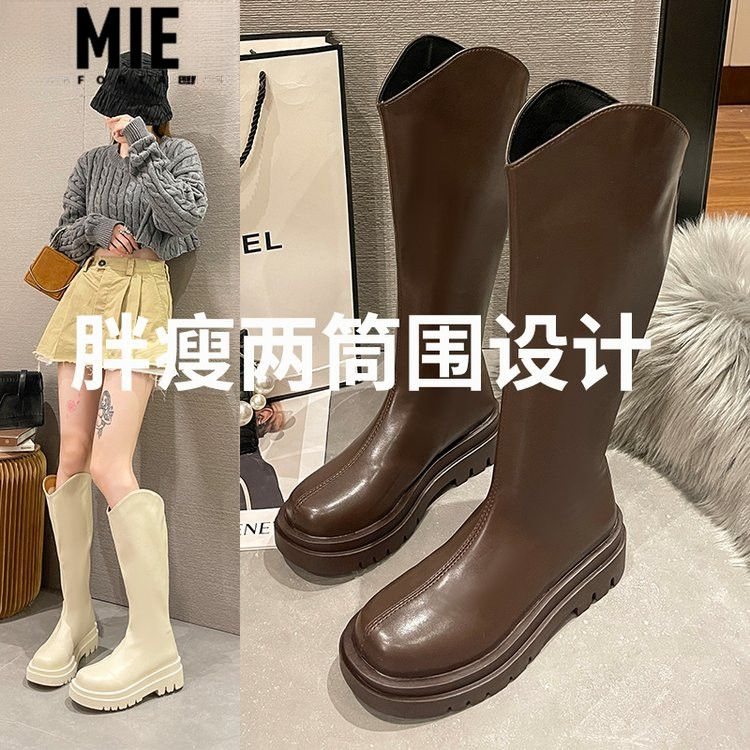红蜻蜓牌长筒靴女2023春秋新款胖粗腿大码大筒围厚底高筒骑士靴
