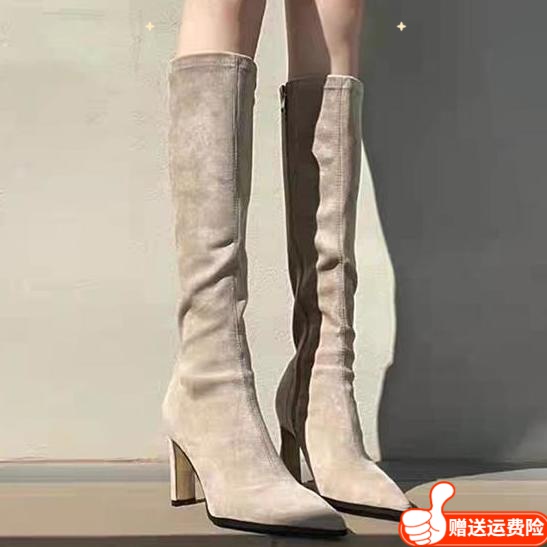 红蜻蜓牌高跟长筒靴女显瘦长靴绒面弹力瘦瘦靴粗跟不过膝骑士靴子