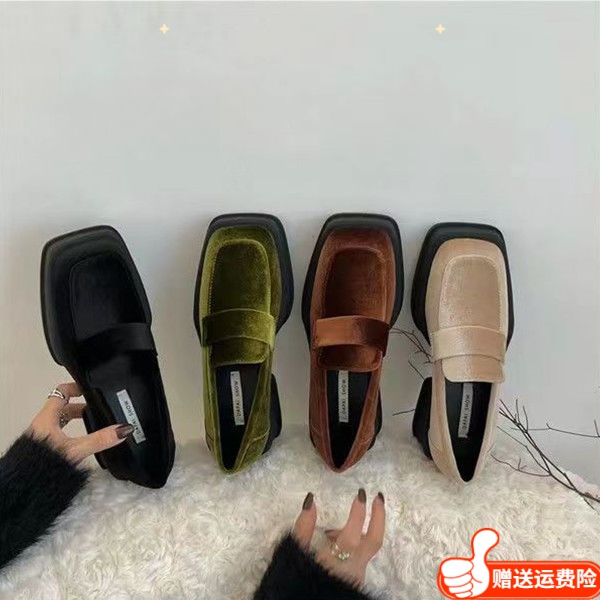 红蜻蜓牌厚底金丝绒乐福鞋英伦风小皮鞋2023年新款小众单鞋豆豆鞋